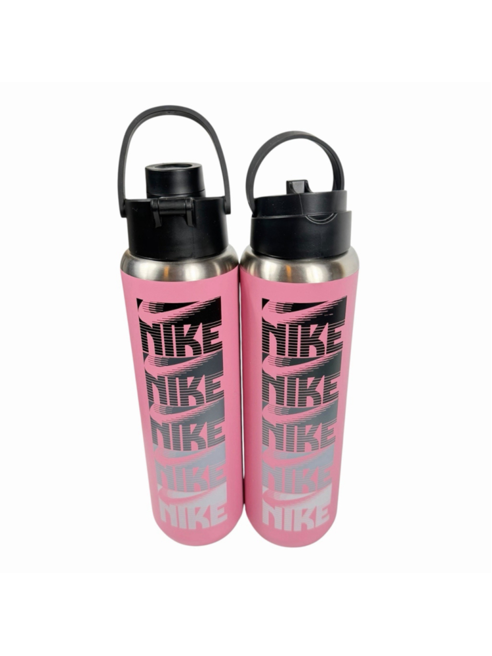 Nike Insulated Water Bottle Pink 24oz Set of 2 Stainless Steel Handle Straw Logo
